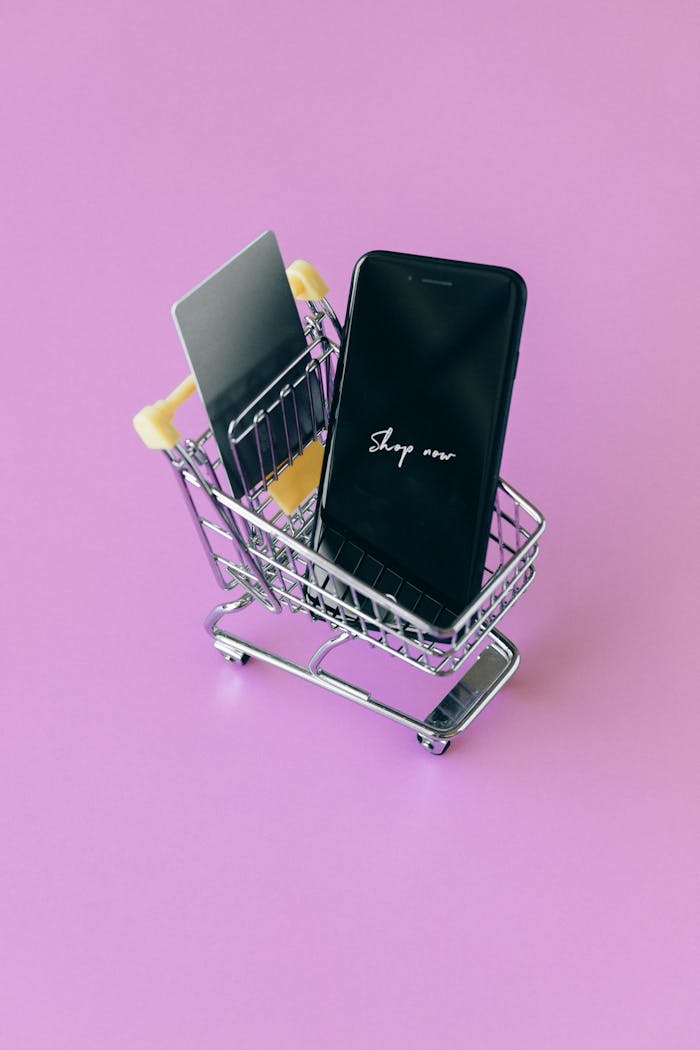 services-01 Modern shopping concept featuring smartphone and credit cards in a miniature cart on pink background.
