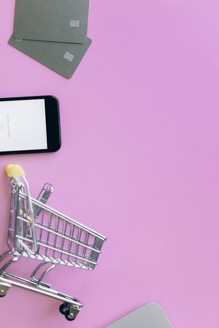 services-02 Top view of miniature shopping cart with credit cards and smartphone on pink background.